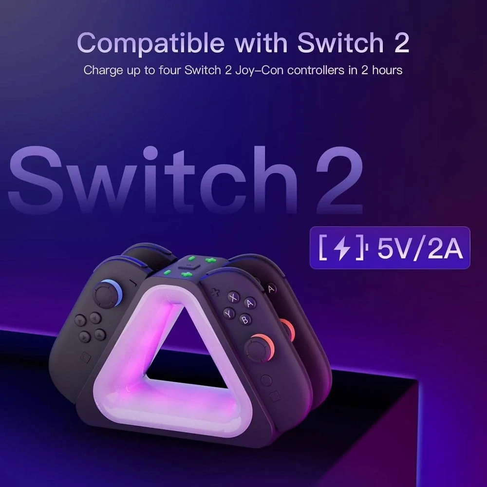 Switch 2 Joy-Con Charging Dock 4-Slot Magnetic RGB Triangle Station Black‎